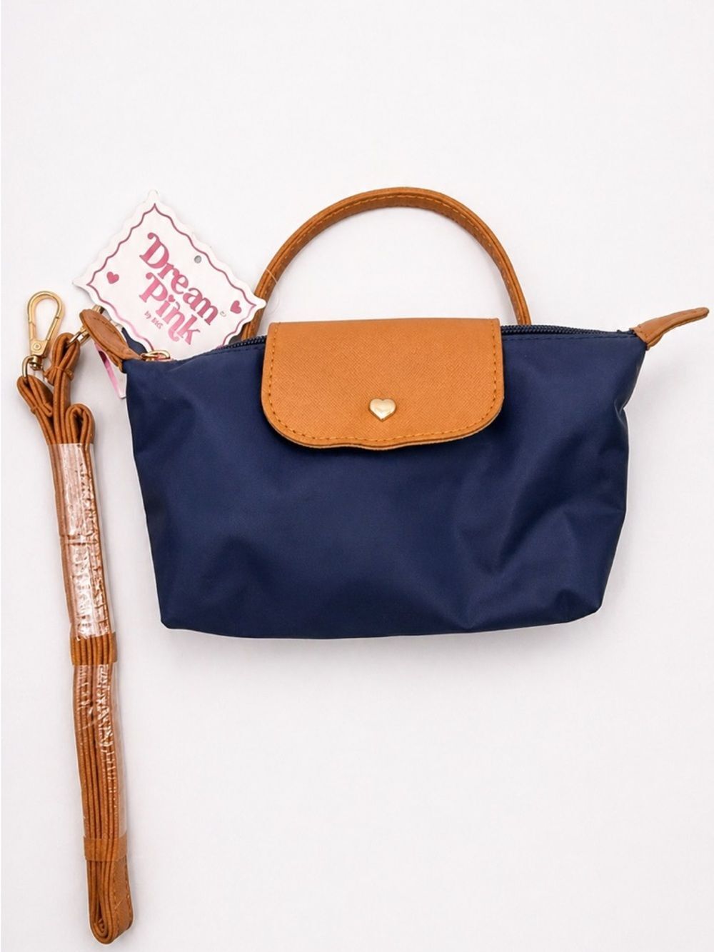 Dream Pink Mini Nylon Handbag Navy Blue & Tan Crossbody Purse NWT